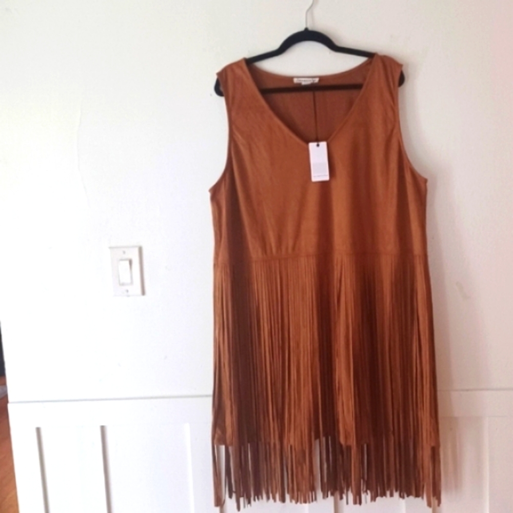NWT LOVE RICHE Camel Faux Suede Fringe Dress Tunic Top Vest Plus 3XL